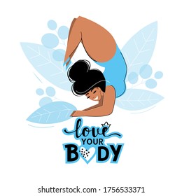 Beautiful girl plus size do yoga on a white background isolated and the inscription love your body. Motivation. Vector flat style illustration