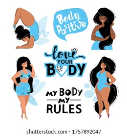 Beautiful girl plus size do yoga on a white background isolated and the inscription love your body. Motivation. Collection of full girls