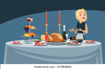 A beautiful girl points to a skillfully prepared festive table. Vector illustration.
