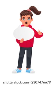 A beautiful girl points in surprise at an empty oval speech bubble in her hand. The concept of children's opinion. Women's issues. Vector illustration on a white background.