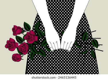 Beautiful girl in a polka dot dress holding a beautiful bouquet of red roses in her hands. Black and white vintage engraving, stylized drawing. Vector illustration