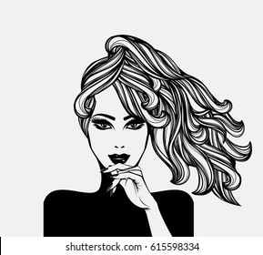 Beautiful girl with ponytail, dressed in turtleneck shirt and holding her hand in front of the lips.Vector illustration.