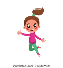 Beautiful Girl with Ponytail Happily Jumping, Cute Preschool Kid Having Fun, Celebrating Holiday, Doing Sports Cartoon Style Vector Illustration I