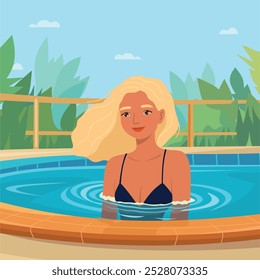 Schönes Mädchen im Pool. Blondes Mädchen im Bikini. Sommerurlaub und Tourismuskonzept. Frau Sonnenbaden in tropischen Land.