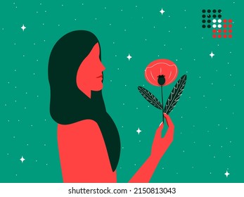 Beautiful girl with a poppy flower on the background of the night sky with stars. Beautiful design template for poster banners.