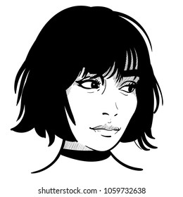 Beautiful girl portrait. Bob hairstyle. Vector. Black and white style. Illustration.