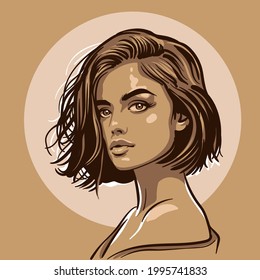 Beautiful girl portrait. Cartoon style. Digital sketch hand drawing vector. Illustration.
