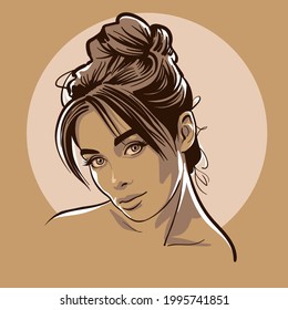 Beautiful girl portrait. Cartoon style. Digital sketch hand drawing vector. Illustration.