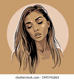 Beautiful girl portrait. Cartoon style. Digital sketch hand drawing vector. Illustration.