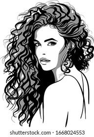 Beautiful girl portrait. Curly pretty woman. Black and white ink style. Digital sketch hand drawing vector. Illustration.
