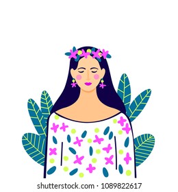 a beautiful girl portrait in flat cartoon style with dark hear and flower wreath on her head; vector illustration isolated on white; hawaii style woman