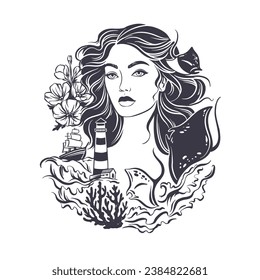 Beautiful girl portrait with nautical theme, vector hand drawn art