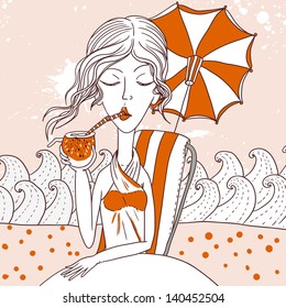 Beautiful girl portrait on summer beach  with a coconut cocktail