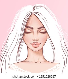 Beautiful girl portrait. Vector woman with closed eyes. Cute girl with long hair. Sketch style. Fashion illustration. Tender colors.