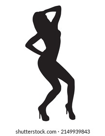 Beautiful girl posing black vector silhouette. Fashion model on high heels shoes illustration
