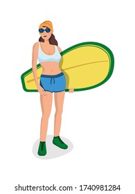 Beautiful girl posing with a surfboard in trendy flat style isolated. Stock Vector illustration.
