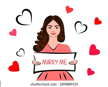 Beautiful girl with poster "Marry me" isolated on white