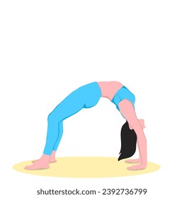 Schöne Mädchen Praxen Rad Pose, urdu dhanurasana. Flache Vektorgrafik einzeln auf weißem Hintergrund.