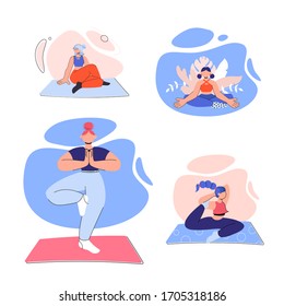 
Beautiful girl practices yoga and fitness at home. Stay home illustration in cartoon style. Healthcare concept. Fears of getting coronavirus. Global viral epidemic or pandemic.