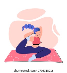 
Beautiful girl practices yoga and fitness at home. Stay home illustration in cartoon style. Healthcare concept. Fears of getting coronavirus. Global viral epidemic or pandemic.