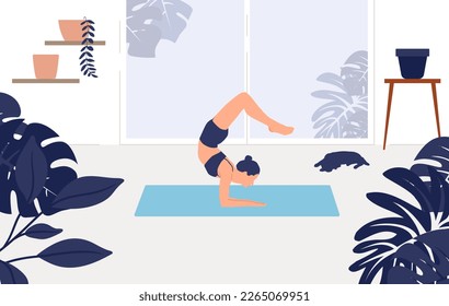 Beautiful girl practices yoga in flat style