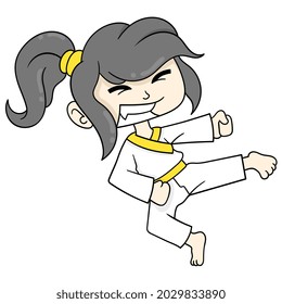 beautiful girl practicing martial arts kicking, vector illustration art. doodle icon image kawaii.