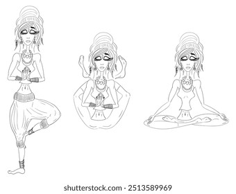 Beautiful girl practicing yoga in various positions isolated on white background. Vector illustration. Creative design.