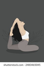 Hermosa chica practicando yoga contra un telón de fondo frondoso en un fondo oscuro