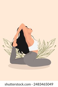 Hermosa chica practicando yoga contra un telón de fondo frondoso en un fondo oscuro