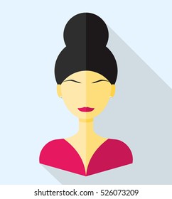 beautiful girl or pretty woman icon with red lips, sharp eyebrows, black hair wearing sparkling pearls earrings on her ears with pink dress all in light blue square flat design with shadow effect