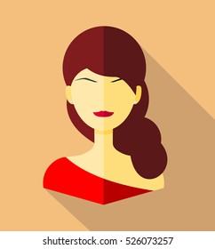 beautiful girl or pretty woman icon with red lips, sharp eyebrows, red shades hair wearing sparkling pearls earrings on her ears with red dress all in light brown square flat design with shadow effect