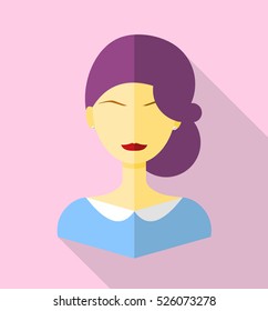 beautiful girl or pretty woman icon with red lips, sharp eyebrows, purple shades hair wearing sparkling pearls earrings on her ears with blue dress all in purple square flat design with shadow effect