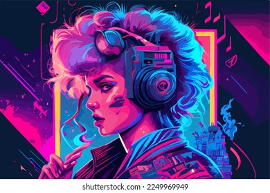 Beautiful girl in profile in headphones  80's    90's  Bright cartoon pop art retro vector illustration  Fashionable cover in the style pop art