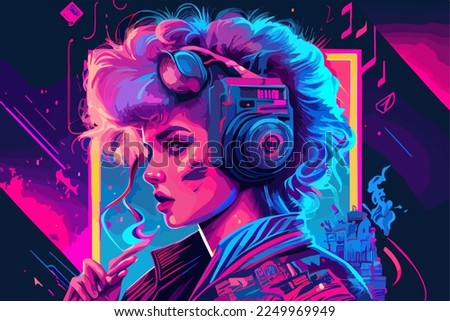 Beautiful girl in profile in headphones, 80's - 90's. Bright cartoon pop art retro vector illustration. Fashionable cover in the style of pop art