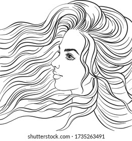 Beautiful girl in profile. Portrait of a girl with long hair. Vector woman on a white background. Coloring book page. Textile print.