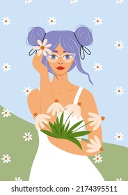 Beautiful girl with purple hair holds bouquet of daisies in her hands. Woman with glasses. Interior poster. Summer flower illustration.