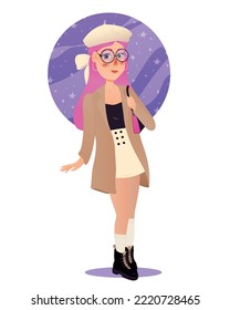 Beautiful girl and purse space background  Starry lollipop background  Girl in glasses   coat  Shiny tights  Modern fall illustration isolated white background 