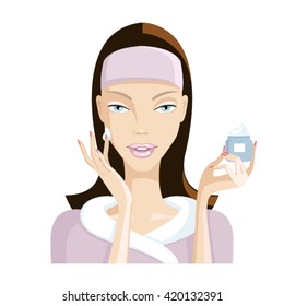 Beautiful girl put the cream on the face. Healthy Lifestyle, Beauty, Body Care. Vector illustration on white background.