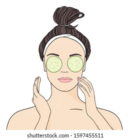 Beautiful girl puts a cucumber mask on her eyes. Theme of beauty and health. Stylish vector illustration in sketch style on white background.