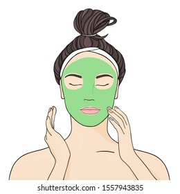 Beautiful girl puts a mask on her face. Cosmetic procedures for the beauty and health of the skin. Stylish vector illustration in sketch style on white background.