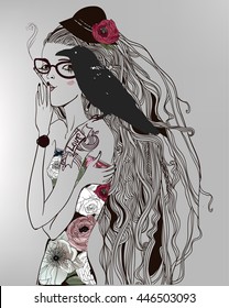 beautiful girl with a raven