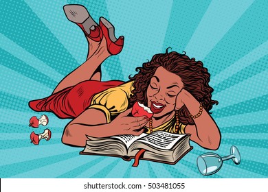 Beautiful girl reading a book, evening at home, pop art retro illustration. African American people. Woman eating an Apple and drinking wine