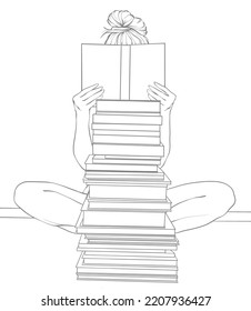 Beautiful girl reading a book. Student life in university concept. Outline vector illustration.