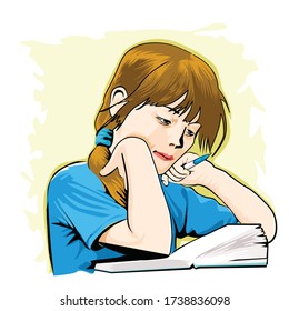 Beautiful girl reading book. studying with pen holding her hand 