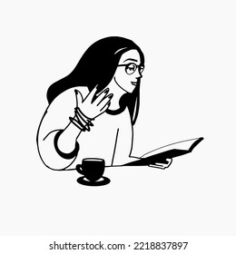 A beautiful girl is reading a magazine. Hand-drawn vector doodle illustration.