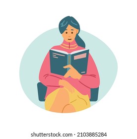 Beautiful girl reads book with interest. Student studies scientific literature, gains new knowledge. Cartoon woman character reader in flat vector illustration isolated on white background.