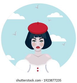 beautiful girl in a red beret, with bright lips, bob haircut, dark hair against a sky of clouds and flying birds, stylized vector graphics