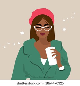Beautiful girl in a red beret. Vector fashion illustration. Portrait of a young girl