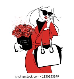 Beautiful girl in red coat, in black sunglasses with bouquet of roses, peonies and bag. Women's fashion and box flowers. Fashion woman sketch. Sketch. Vector illustration. Fashion, style, beauty