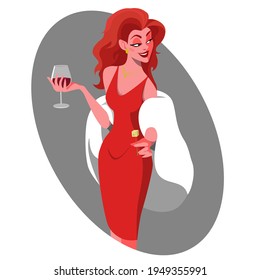 A beautiful girl in a red dress with a glass of red wine in her hand and a piece of cheese. Wine and cheese tasting. A woman at a social evening. Stock vector illustration.